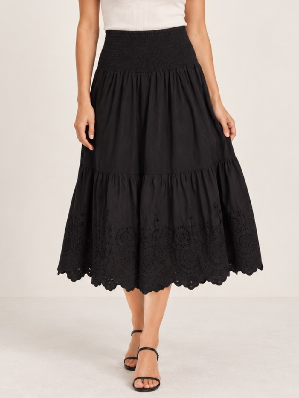 Jason Wu Poplin Smocked Pull-On Embroidered A-Line Midi Skirt Black XL